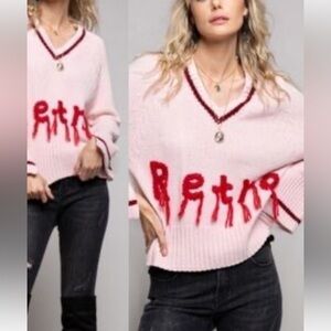 POL V-Neck Sweater in Pink with Red Accents